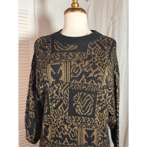 Vintage | Women’s | Sweaters | Size M/L | Gold Metallic Abstract Oversized Black - Picture 2 of 5